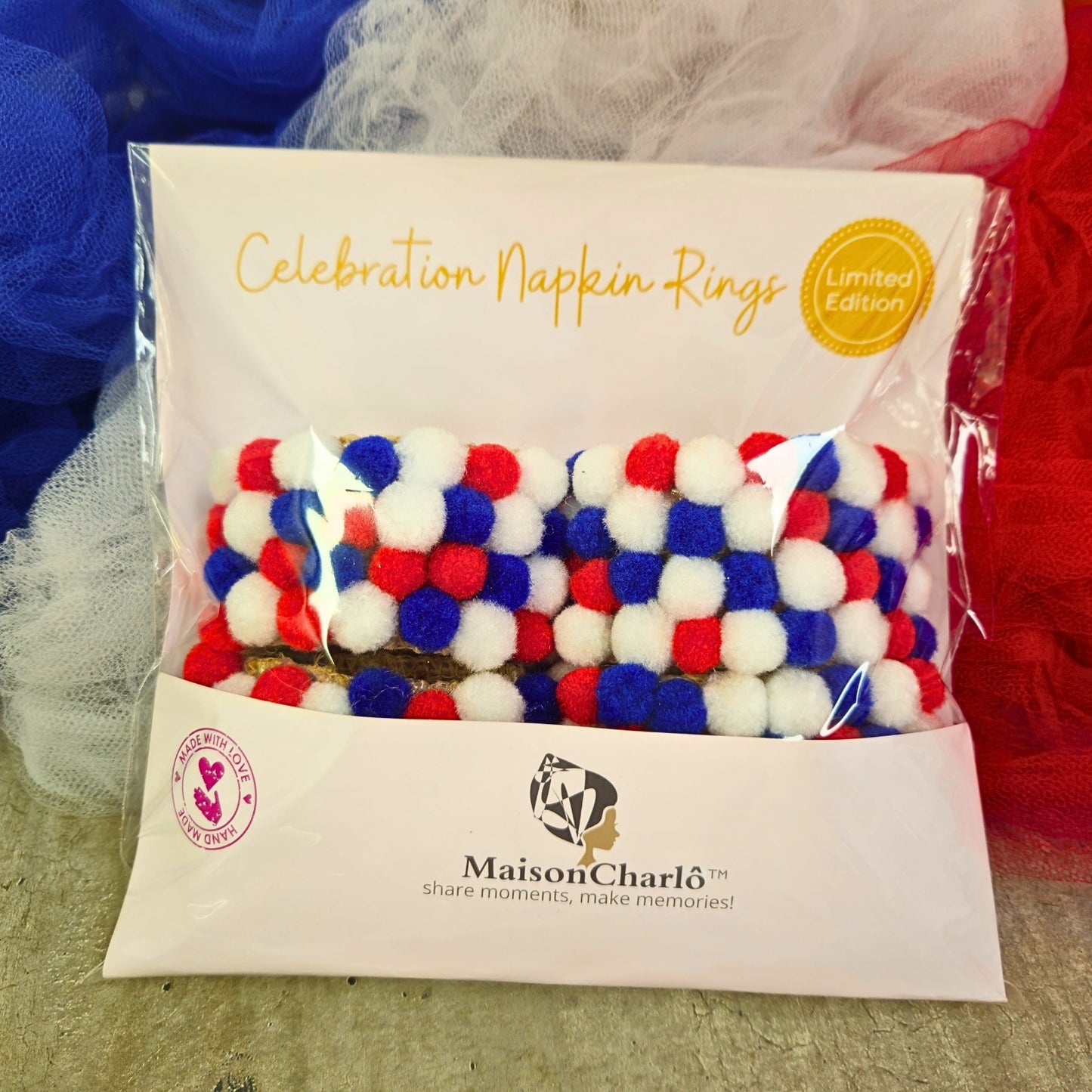 Charlo's Patriot 4th July Pom Pom Napkin Rings for Patriotic Holidays, Dinner Table Decor