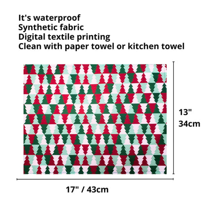 Set of 4 Placemats Christmas Tree Tile Cloth Waterproof 17" by 13" -  Green