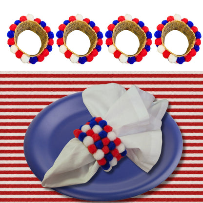 Charlo's Patriot 4th July Pom Pom Napkin Rings for Patriotic Holidays, Dinner Table Decor