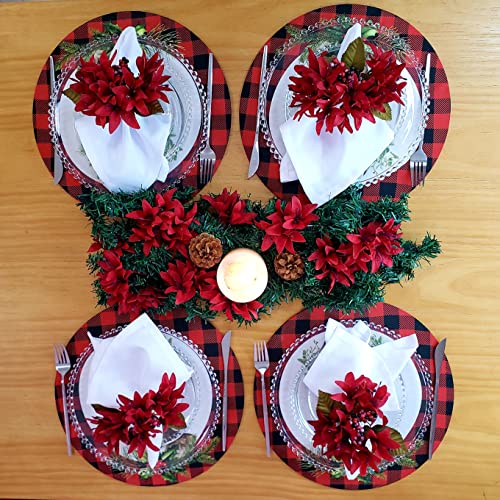 Set of 4 Round Placemats Covers Plaid Christmas Reindeer Cloth 14" Dia Synthetic | Red