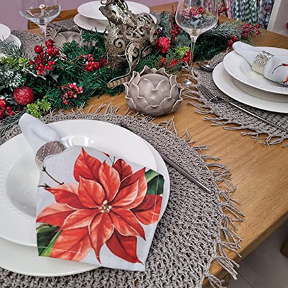 Charlo's Cloth Napkins Set of 4 Christmas Red Flower 16" by 16" - Grey