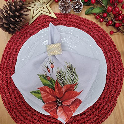 Charlo's Cloth Napkins Set of 4 Christmas Red Flower 16" by 16" - Grey