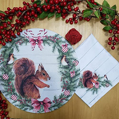 Set of 4 Round Placemats Covers Christmas Squirrel Cloth 14" Dia | Red