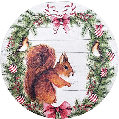 Set of 4 Round Placemats Covers Christmas Squirrel Cloth 14" Dia | Red