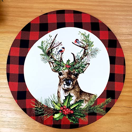 Set of 4 Round Placemats Covers Plaid Christmas Reindeer Cloth 14" Dia Synthetic | Red