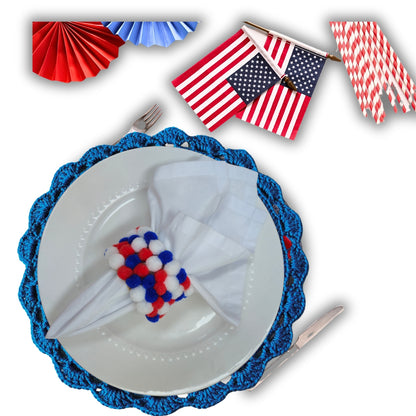 Charlo's Patriot 4th July Pom Pom Napkin Rings for Patriotic Holidays, Dinner Table Decor