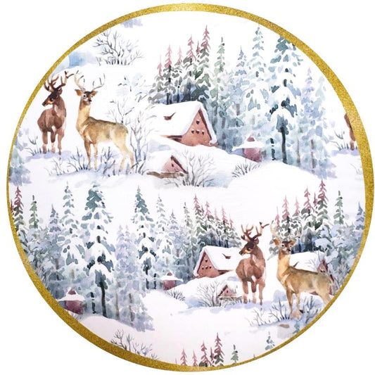 Set of 4 Round Placemats Covers Christmas Reindeer Cloth 14" Dia Synthetic | Red