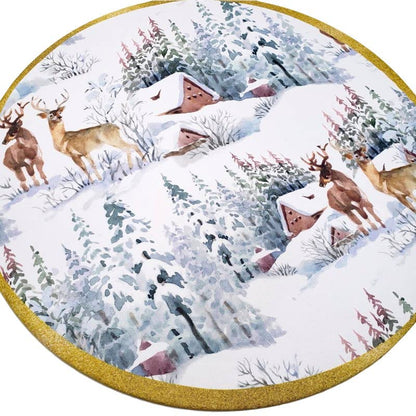 Set of 4 Round Placemats Covers Christmas Reindeer Cloth 14" Dia Synthetic | Red