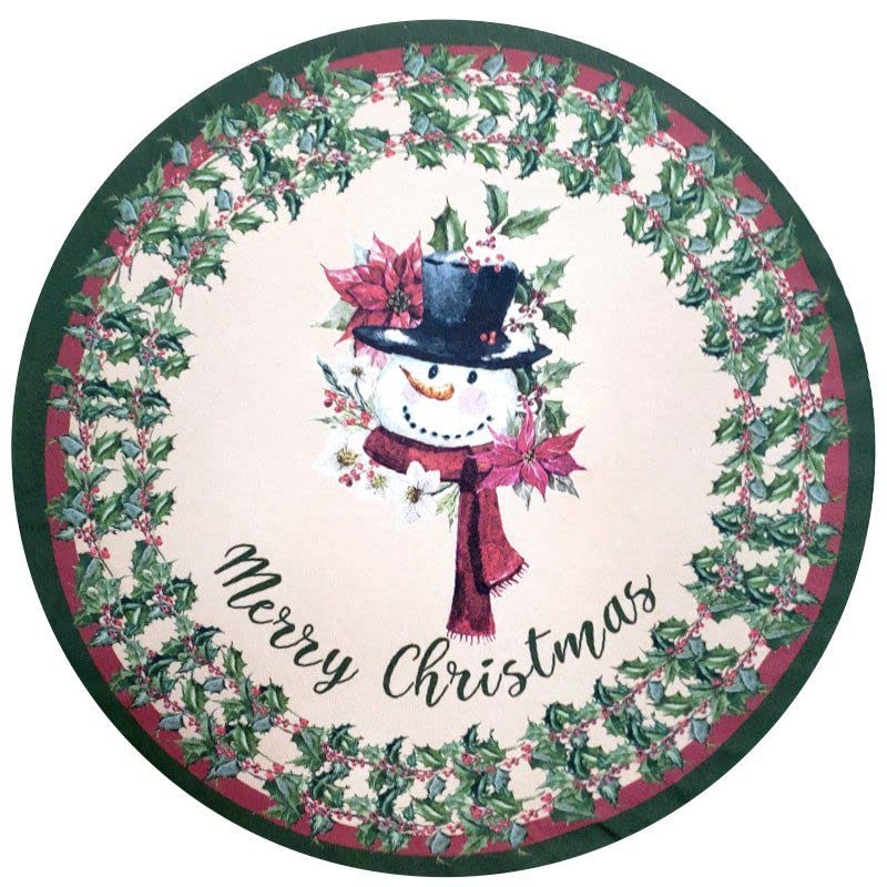 Set of 4 Round Placemats Covers Christmas Snowman Cloth 14" Dia  | Beige