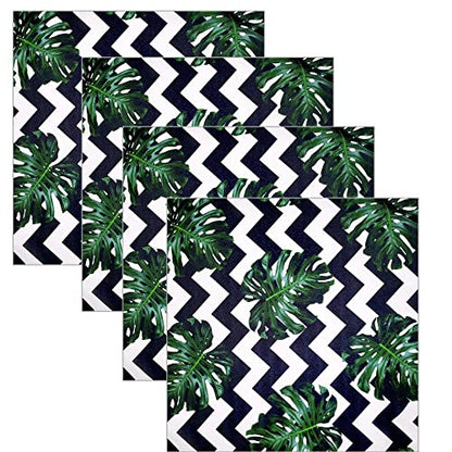 Charlo's Set of 4 Leaf Tropical Monstera Green Chevron Cloth Napkins 16" by 16"