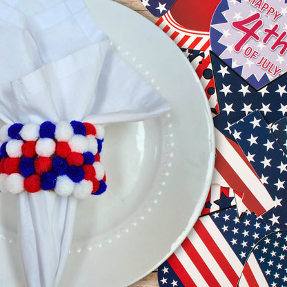 Charlo's Patriot 4th July Pom Pom Napkin Rings for Patriotic Holidays, Dinner Table Decor