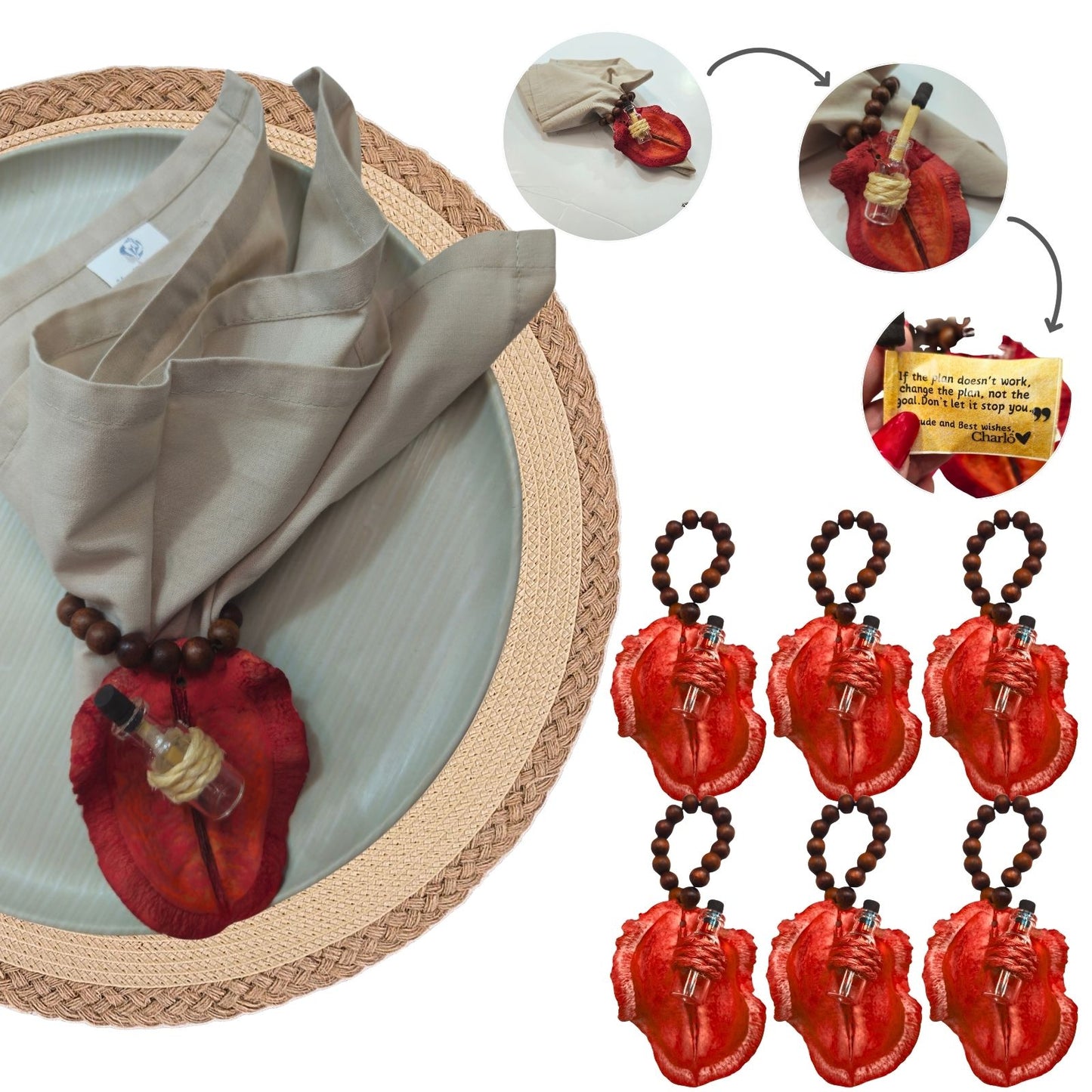 BIOJewelry Set of 6 Red Jacaranda Seeds of Gratitude Napkin Rings Handmade for Dining Table, Parties