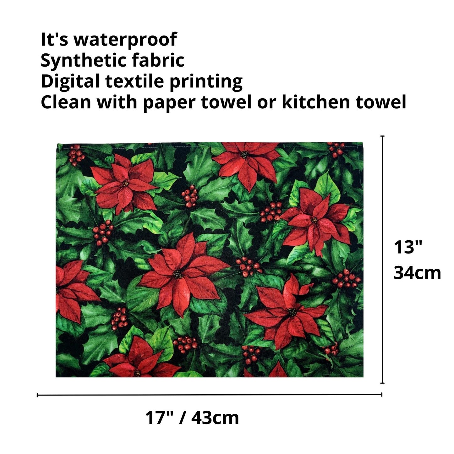 Set of 4 Placemats Christmas Flower Cloth Waterproof 17" by 13" - Red