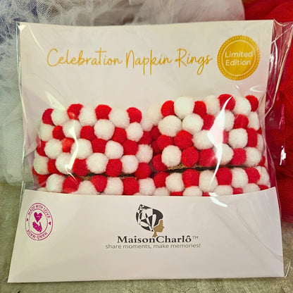 Charlo's Red & White Pom Pom Napkin Rings for Patriotic Holidays, Birthdays Dinner Table Decor