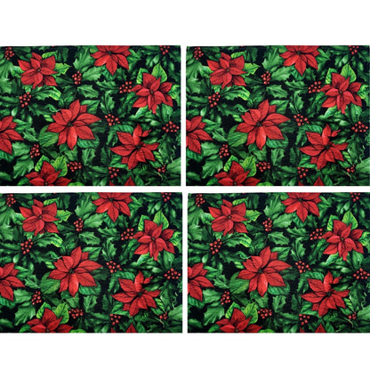 Set of 4 Placemats Christmas Flower Cloth Waterproof 17" by 13" - Red