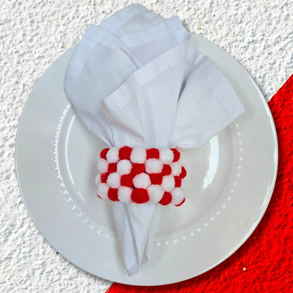 Charlo's Red & White Pom Pom Napkin Rings for Patriotic Holidays, Birthdays Dinner Table Decor