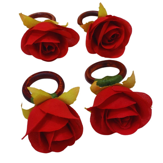 Maison Charlo | Set of 4 Valentines Rose Mimosa Rosebud Red Flower Napkin Rings for Mother's Day, Gift, Birthday