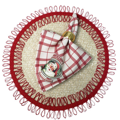 Charlo's Christmas Cloth Napkins Set of 4 Plaid Santa Claus Beige Red 16" by 16"