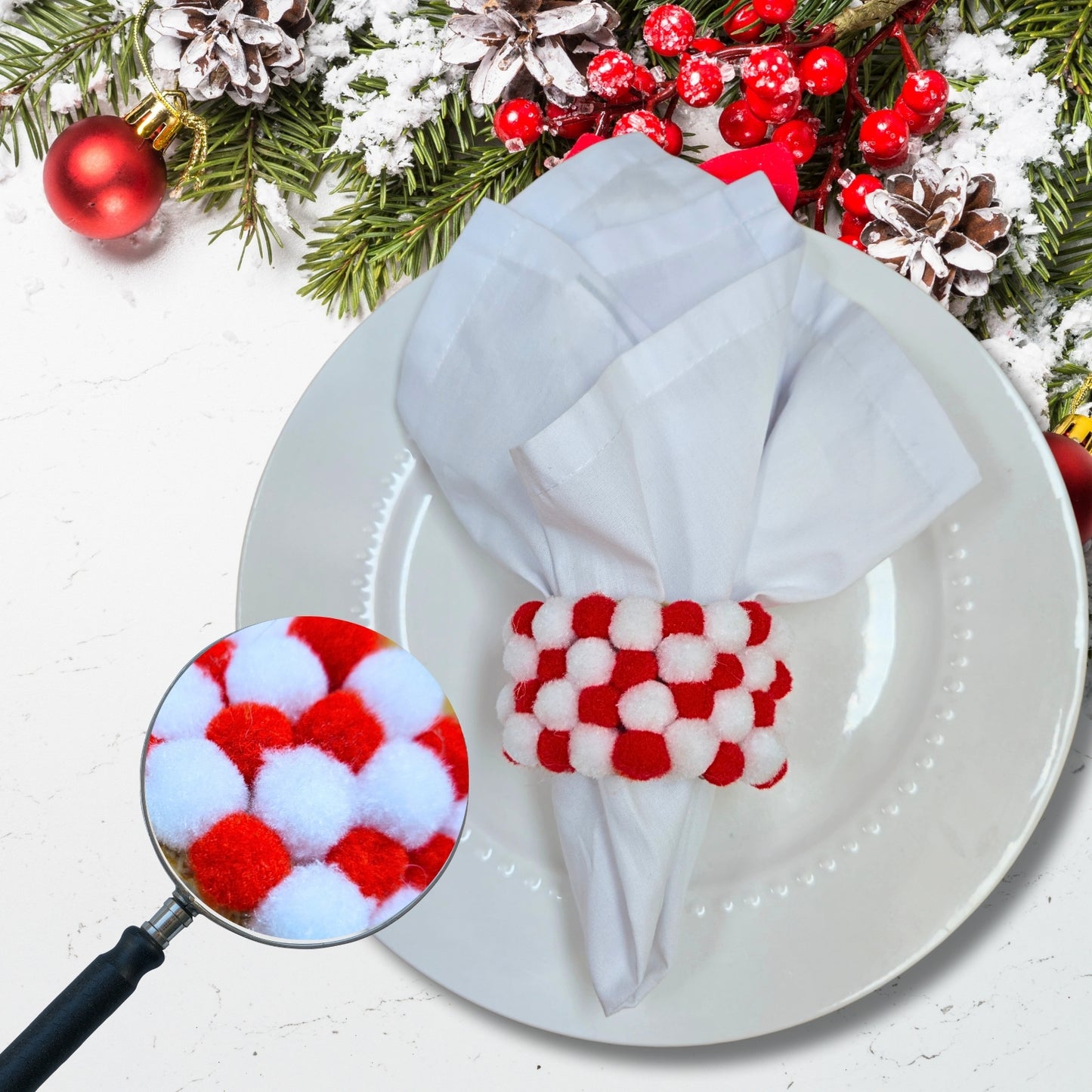 Charlo's Red & White Pom Pom Napkin Rings for Patriotic Holidays, Birthdays Dinner Table Decor