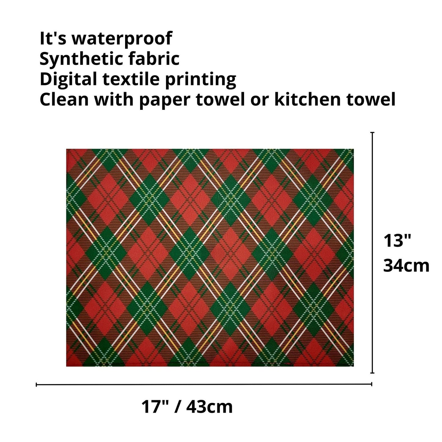 Set of 4 Placemats Christmas Plaid Cloth Waterproof 17" by 13"  - Green