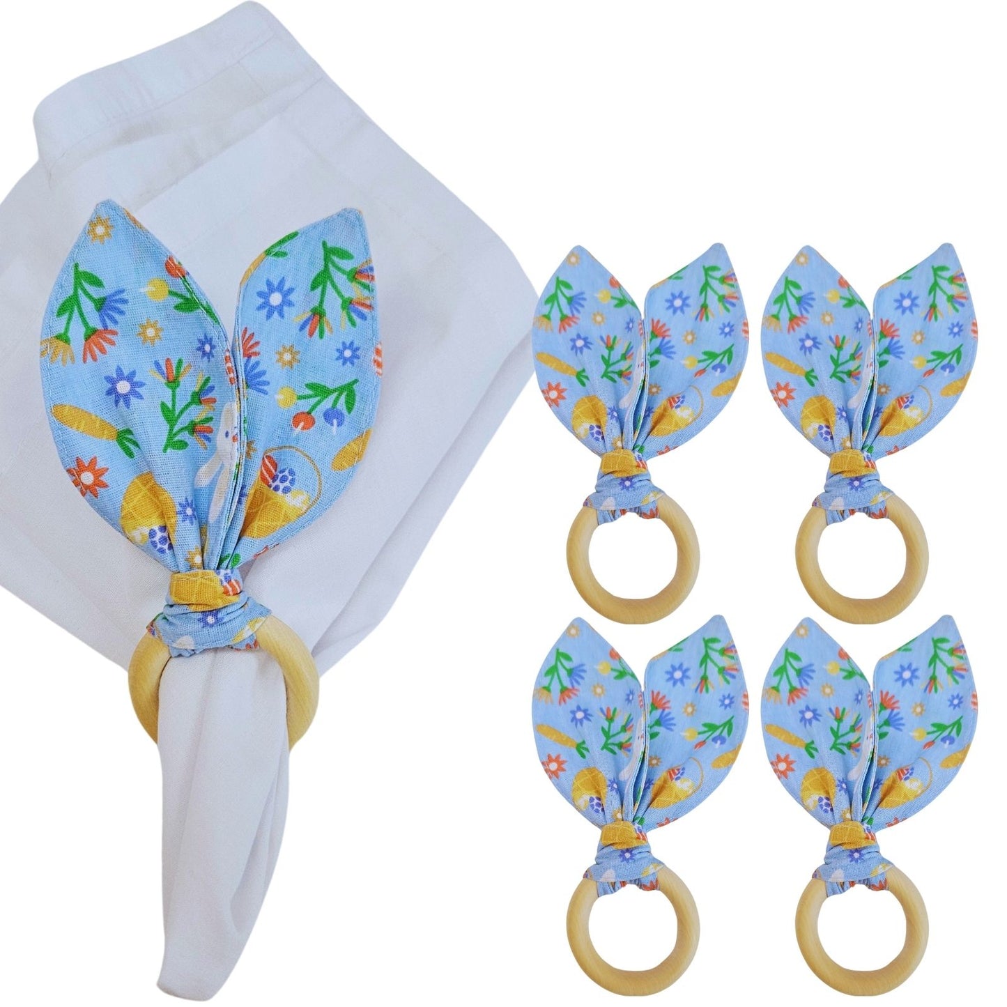 Maison Charlo | Easter Set of 4 Fun Blue Bunny Ears Napkin Rings | Dining Table Decor