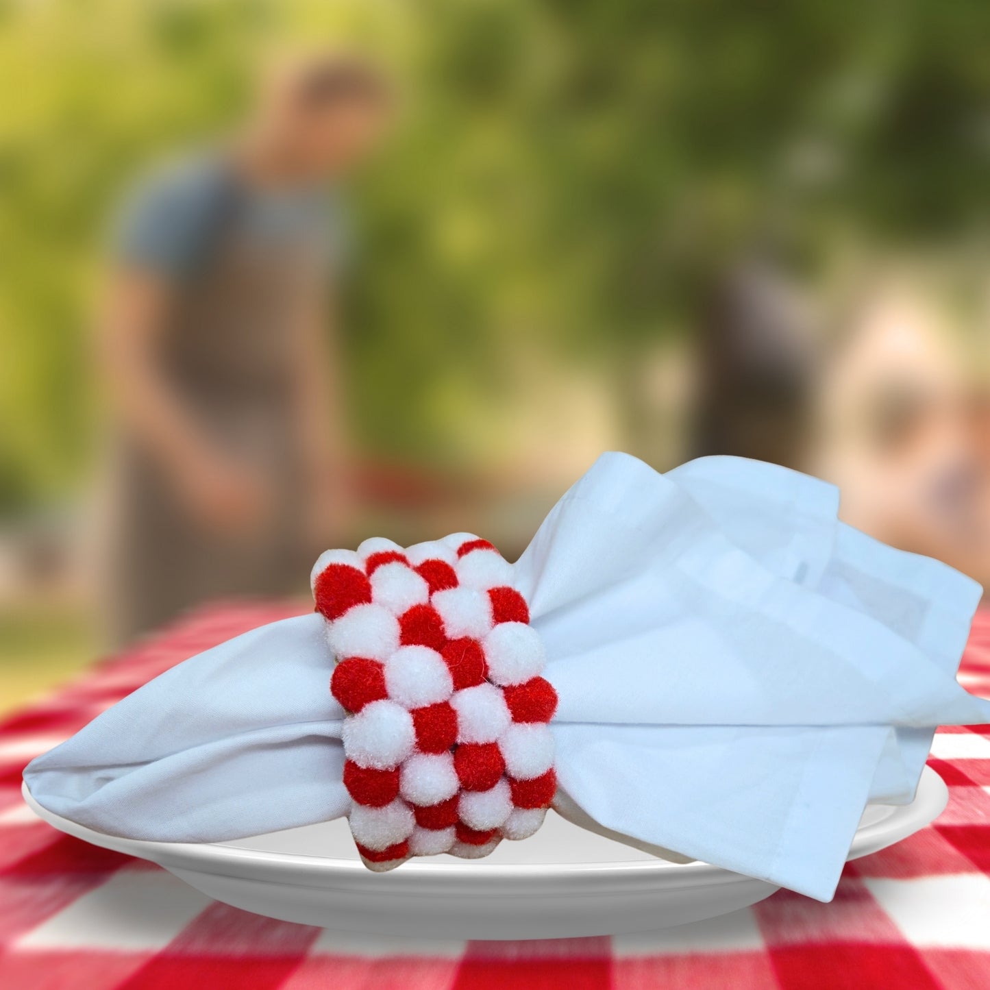 Charlo's Red & White Pom Pom Napkin Rings for Patriotic Holidays, Birthdays Dinner Table Decor