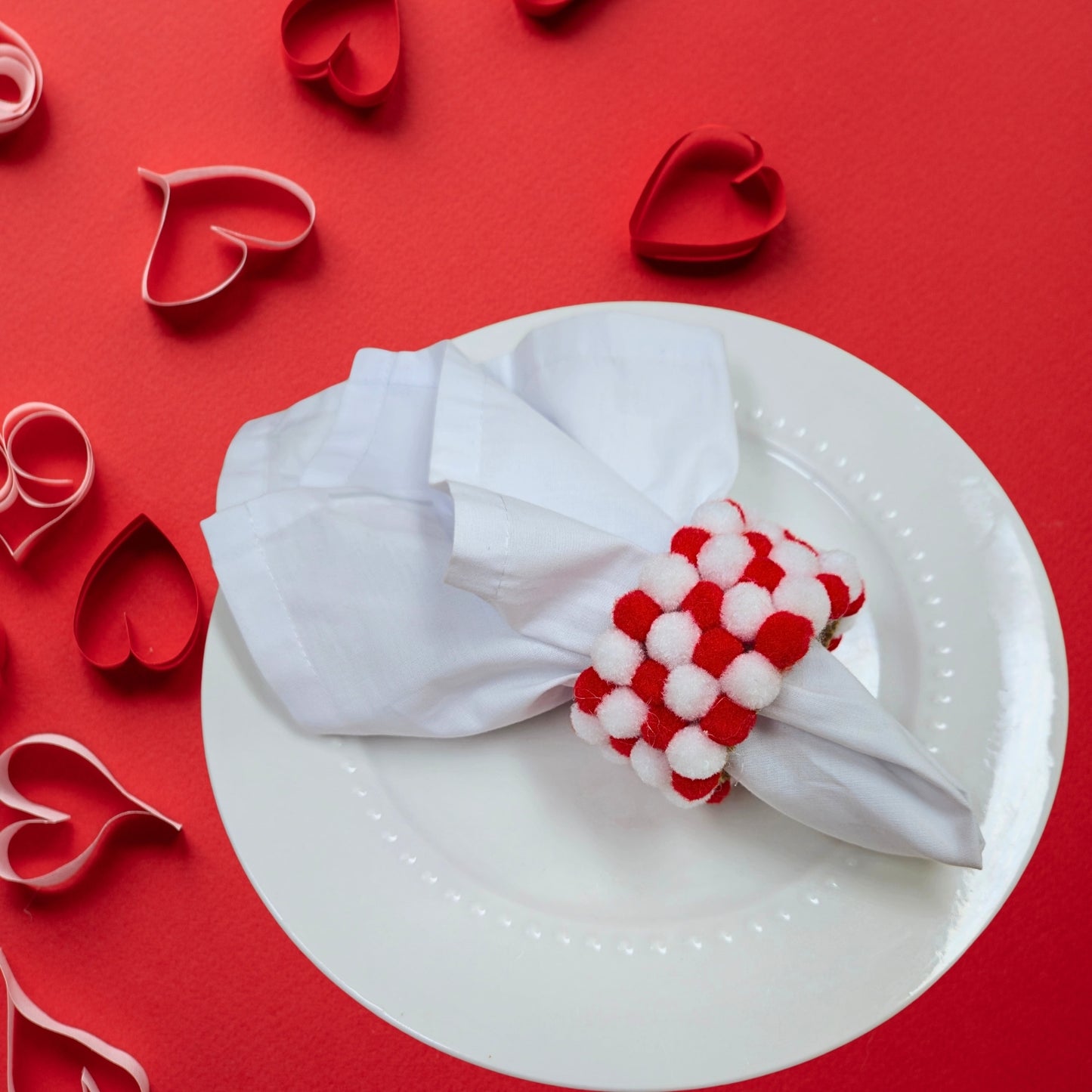 Charlo's Red & White Pom Pom Napkin Rings for Patriotic Holidays, Birthdays Dinner Table Decor