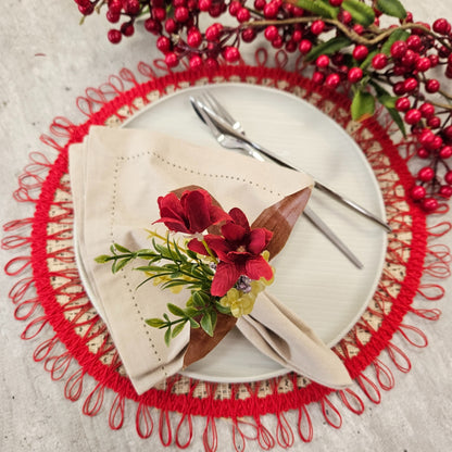 Maison Charlo | Set of 4 Red Jasmim Flower Napkin Rings Valentines Party for gift, thanksgiving, handmade