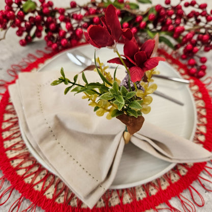 Maison Charlo | Set of 4 Red Jasmim Flower Napkin Rings Valentines Party for gift, thanksgiving, handmade