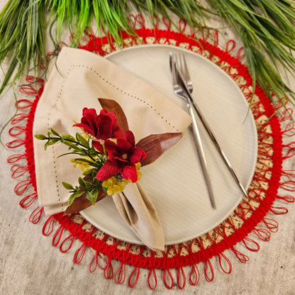 Maison Charlo | Set of 4 Red Jasmim Flower Napkin Rings Valentines Party for gift, thanksgiving, handmade