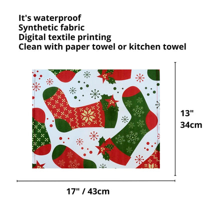 Set of 4 Placemats Christmas Santa Claus stocking Cloth Waterproof 17" by 13" - Red