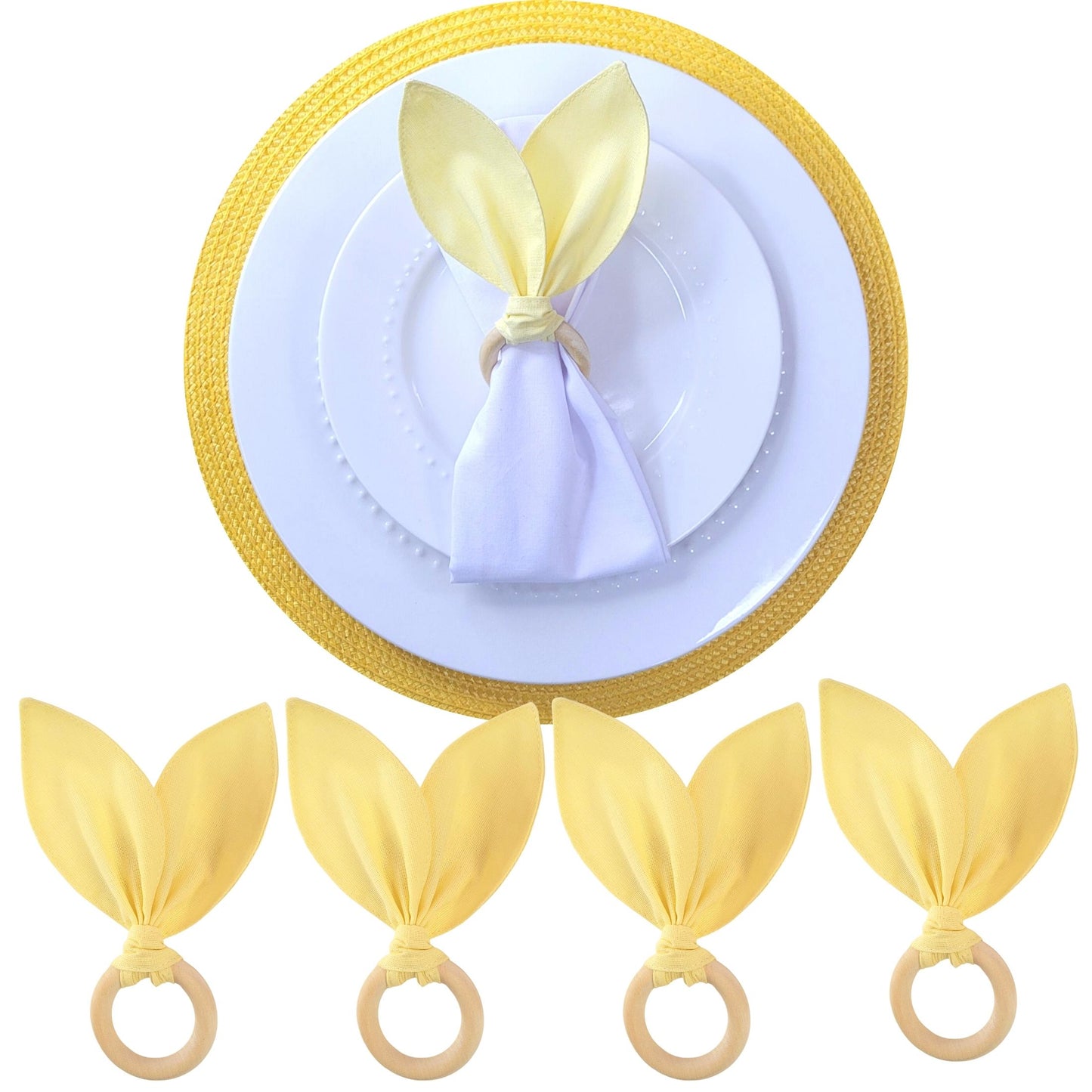 Maison Charlo | Easter Set of 4 Yellow Orange Bunny Ears Napkin Rings | Dining Table Decor