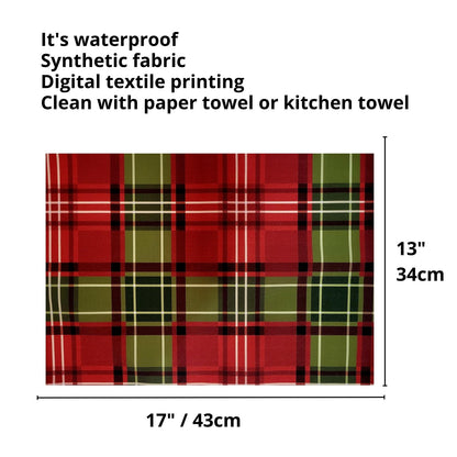 Set of 4 Placemats Christmas Plaid Cloth Waterproof 17" by 13"  -Red