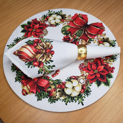 Charlo's Cloth Napkins Set of 4 Christmas Wreath 16" by 16" - Red