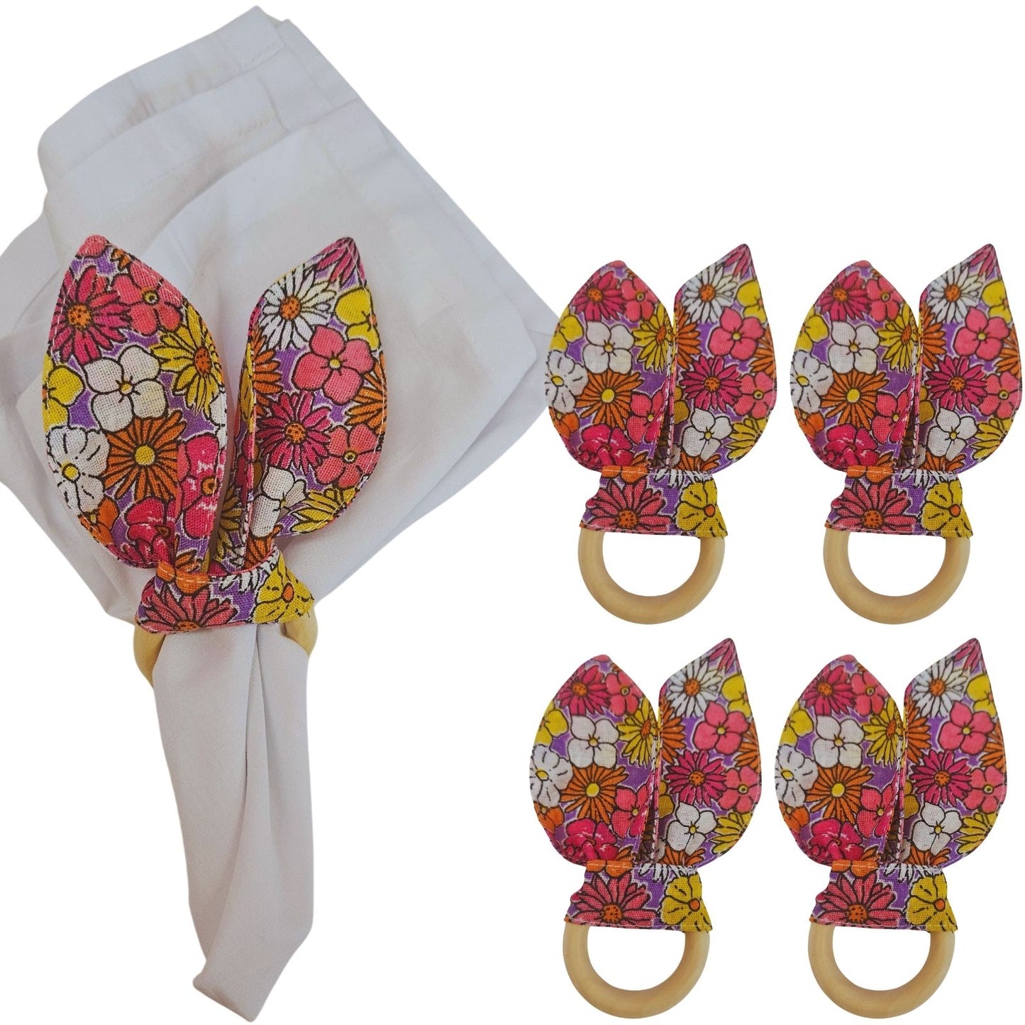 Maison Charlo | Easter Set of 4 Pink Floral Garden Bunny Ears Napkin Rings | Dining Table Decor