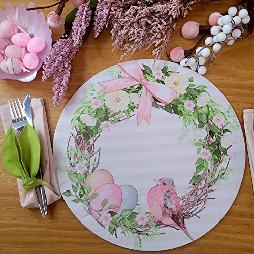 Set of 4 Easter Striped Bird Rose Covers for Round Placemats 14" Dia Polyester for Kitchen Table Washable Dining Table