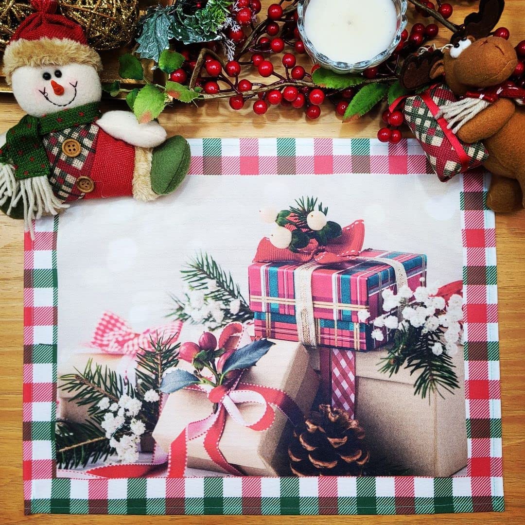 Set of 4 Placemats Christmas Gift Box Cloth Waterproof 17" by 13"  - Red