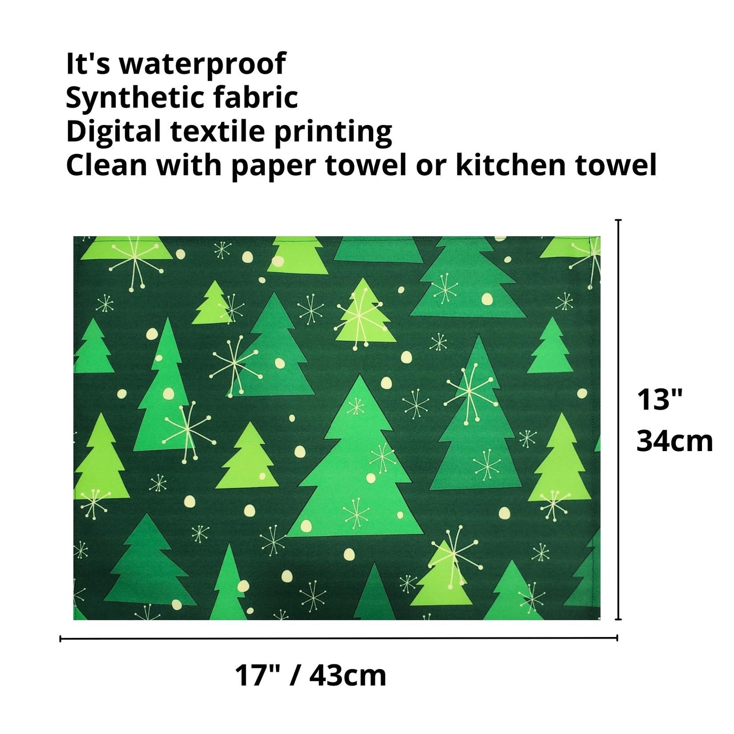 Set of 4 Placemats Christmas Tree Cloth Waterproof 17" by 13"  - Green