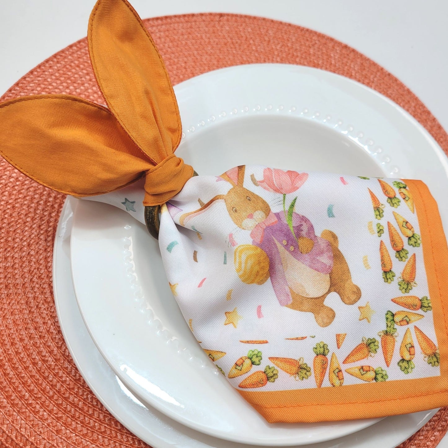 Maison Charlo | Easter Set of 4 Yellow Orange Bunny Ears Napkin Rings | Dining Table Decor