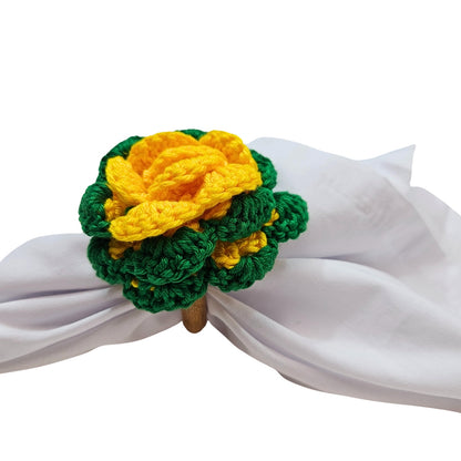 Charlo's Set of 6 Green and Yellow Crochet Rosebud Flower Napkin Rings for Dinner Table Decor, Handmade, Table setting