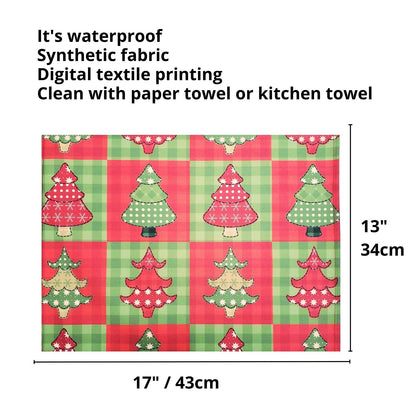 Set of 4 Placemats Christmas Tree Patchwork Cloth Waterproof 17" by 13" - Red