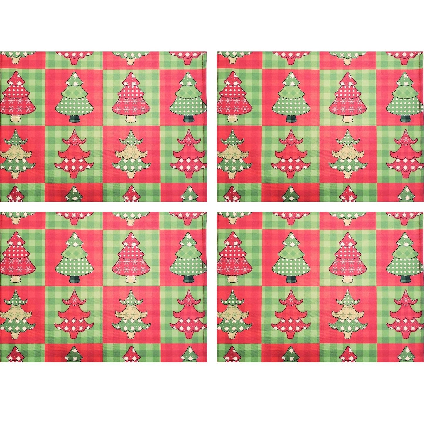 Set of 4 Placemats Christmas Tree Patchwork Cloth Waterproof 17" by 13" - Red