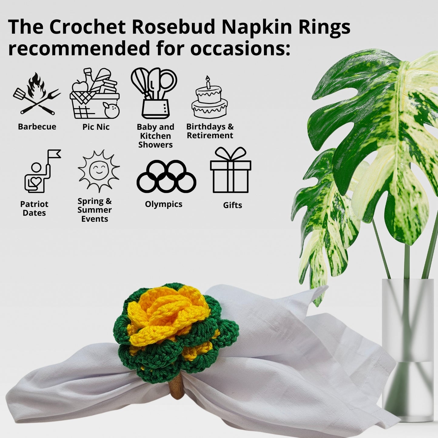 Charlo's Set of 6 Green and Yellow Crochet Rosebud Flower Napkin Rings for Dinner Table Decor, Handmade, Table setting