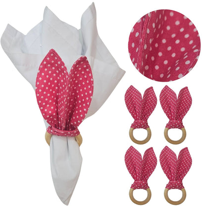 Maison Charlo | Easter Set of 4 Polka Dot Pink  Bunny Ears Napkin Rings | Dining Table Decor