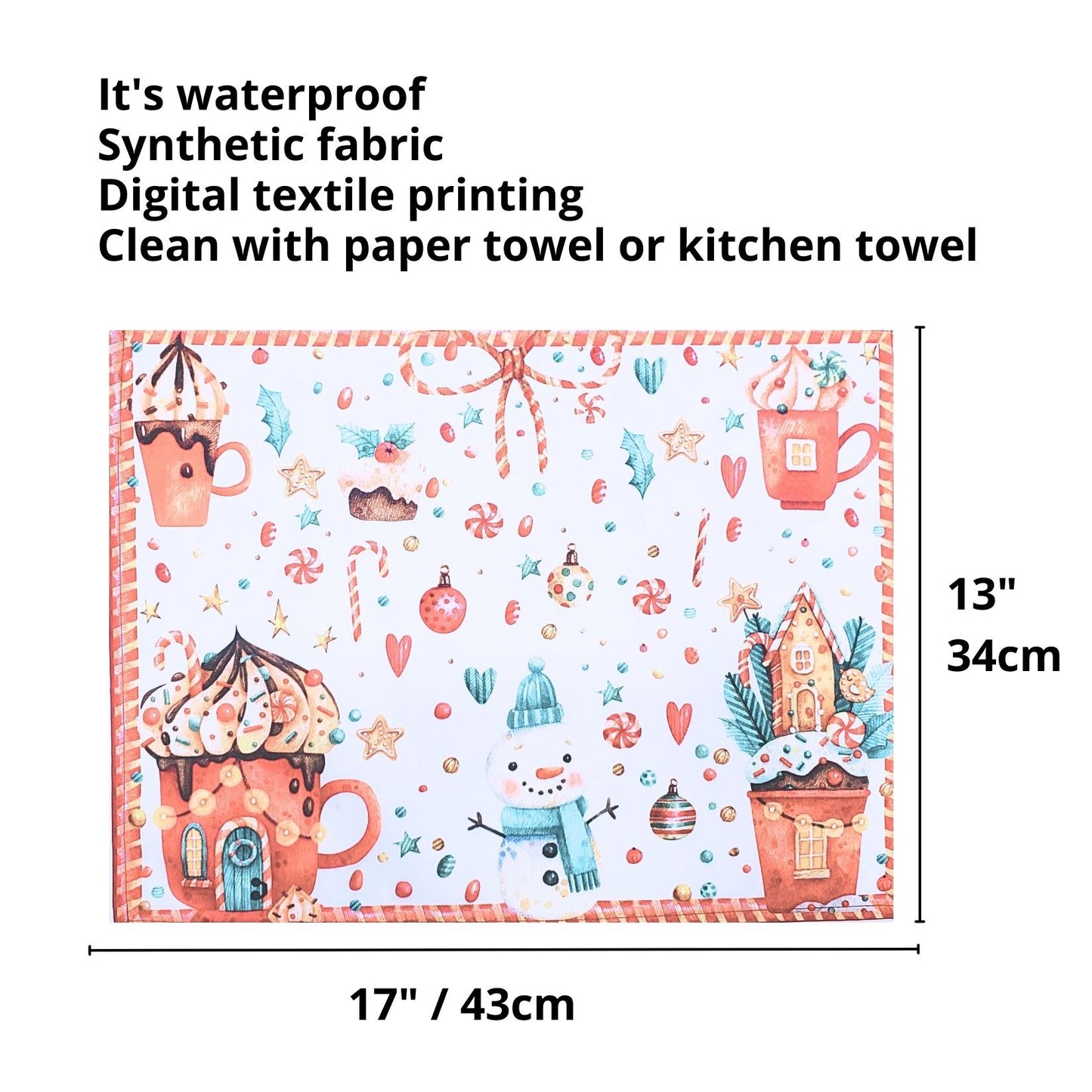 Set of 4 Placemats Christmas Candy Cloth Waterproof 17" by 13"  - White