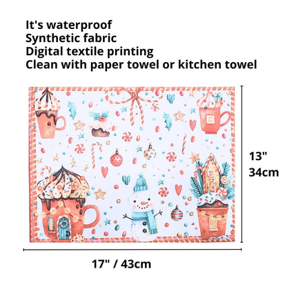 Set of 4 Placemats Christmas Candy Cloth Waterproof 17" by 13"  - White