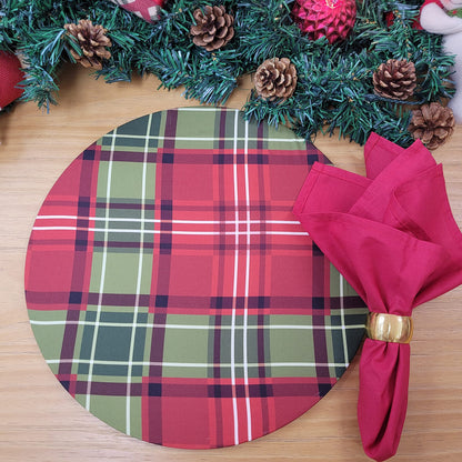 Set of 4 Round Placemats Covers Christmas Plaid Cloth 14" Dia | Red