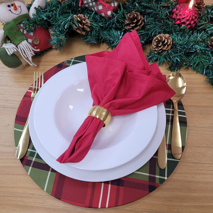 Set of 4 Round Placemats Covers Christmas Plaid Cloth 14" Dia | Red