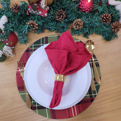 Set of 4 Round Placemats Covers Christmas Plaid Cloth 14" Dia | Red