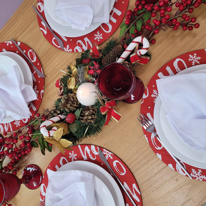 Set of 4 Round Placemats Covers Ho Ho Ho Cloth 14" Dia | Red